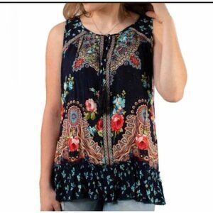 Bila Womens Top Sleeveless Floral Gauzy Tie‎ Neck Boho Fairy Grunge Blue Sz XXL